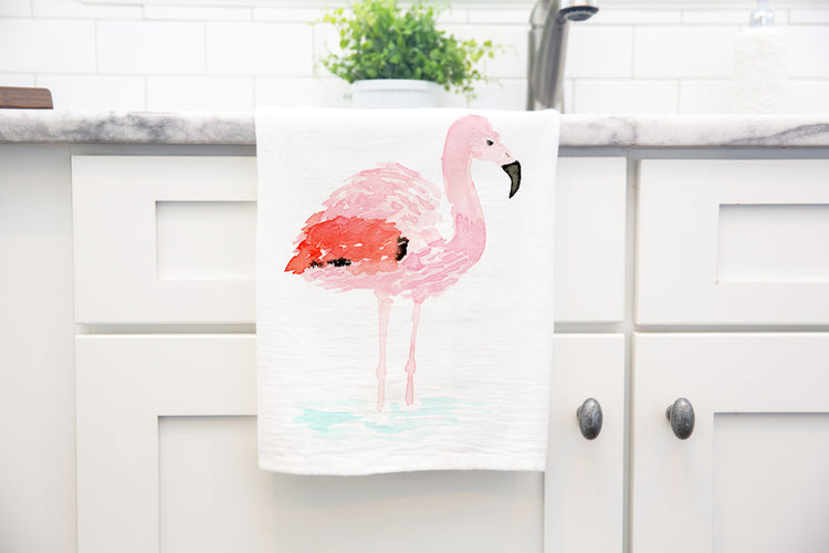 Flamingo Watercolor Tea Towel by Oh So Chic Designs